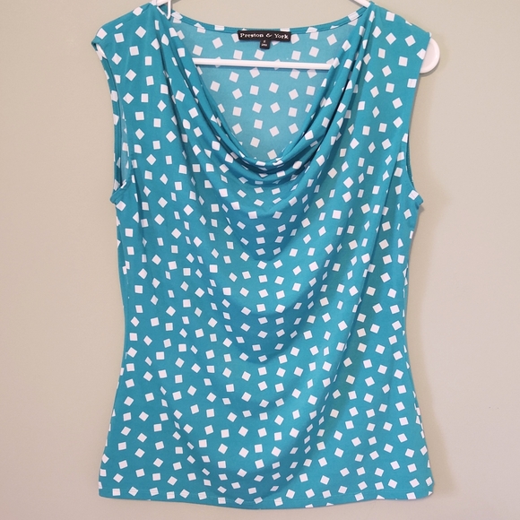 PRESTON YORK Turquoise White Square Pattern Sleeveless Drop Neck Top Sz Small - Picture 1 of 7